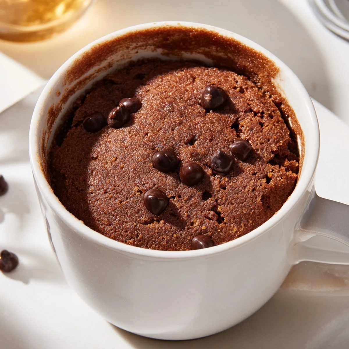 Warm, chocolate Microwaved Mug Cake with melty chocolate chips, ready to enjoy straight from the mug.