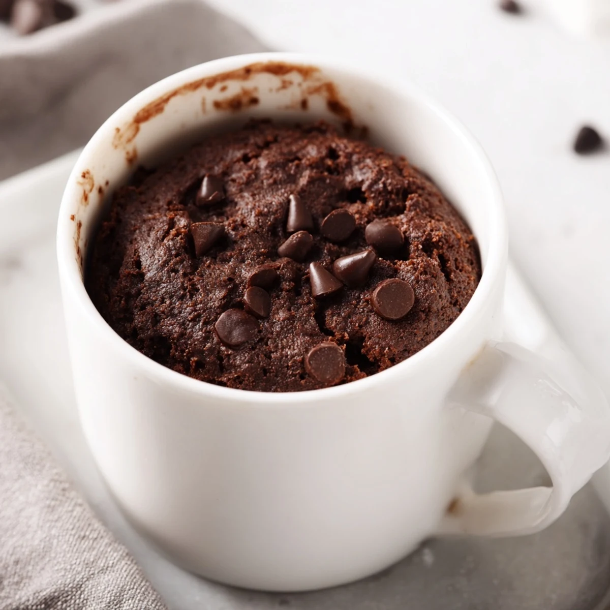 Fluffy, chocolatey Microwaved Mug Cake, perfect for a late-night craving, topped with optional nuts.