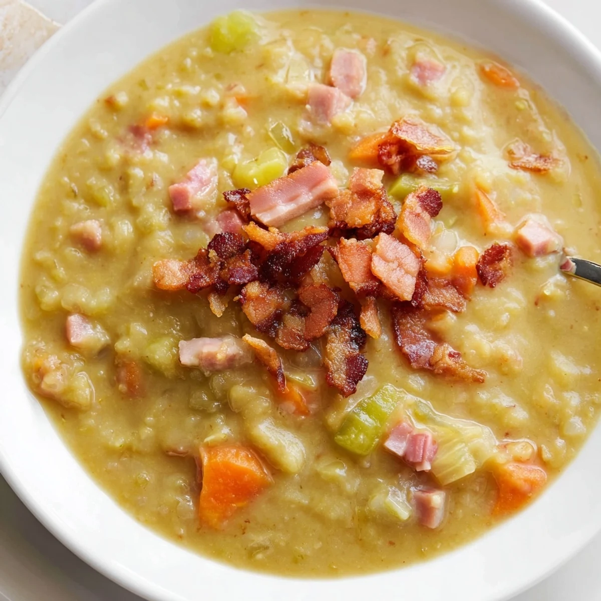 Steamy bowl of Split Pea Soup with canned ham, garnished with crispy bacon, ready to savor.