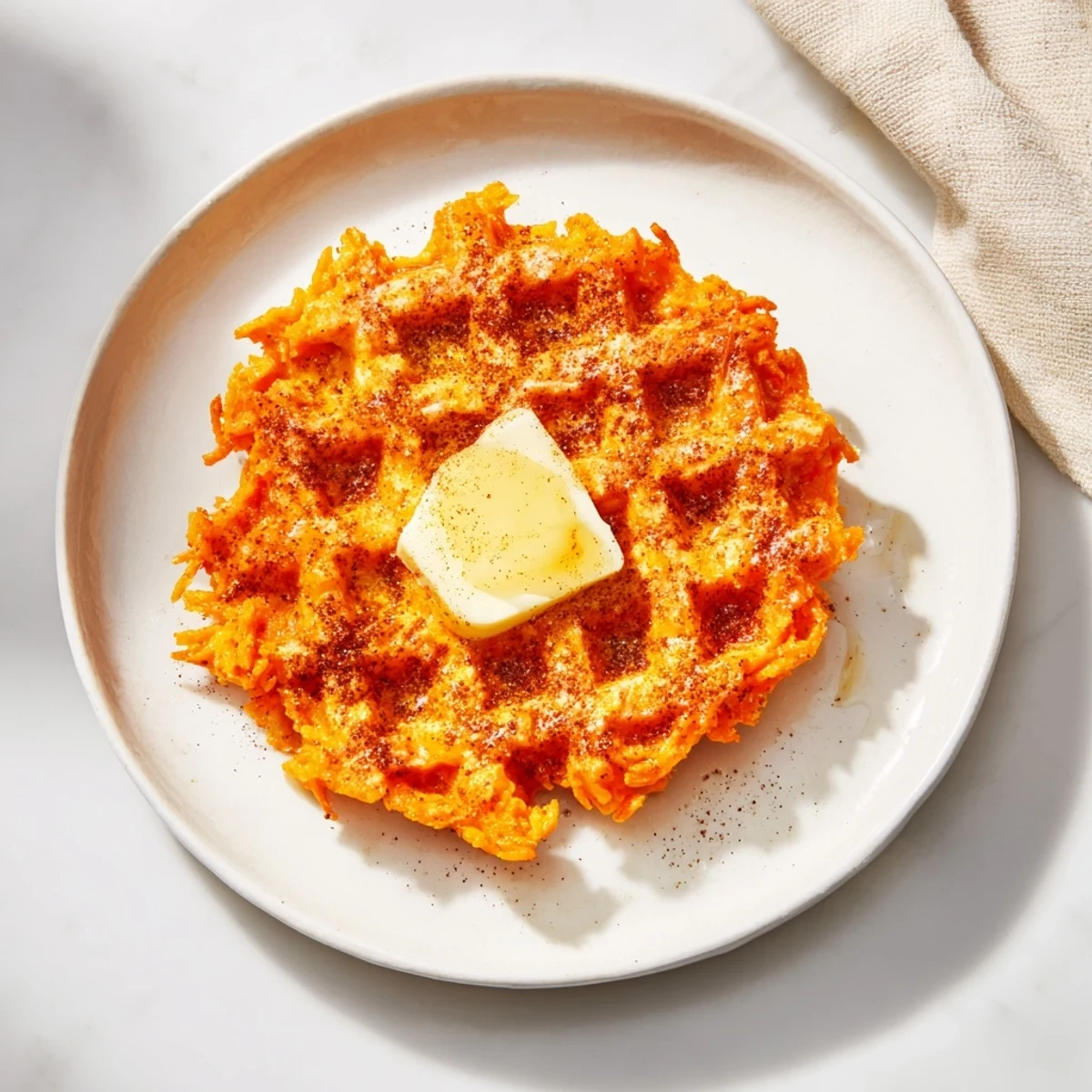 Warm, fluffy Sweet Potato Waffle Hack plated, inviting you to enjoy a flavorful and healthy breakfast.