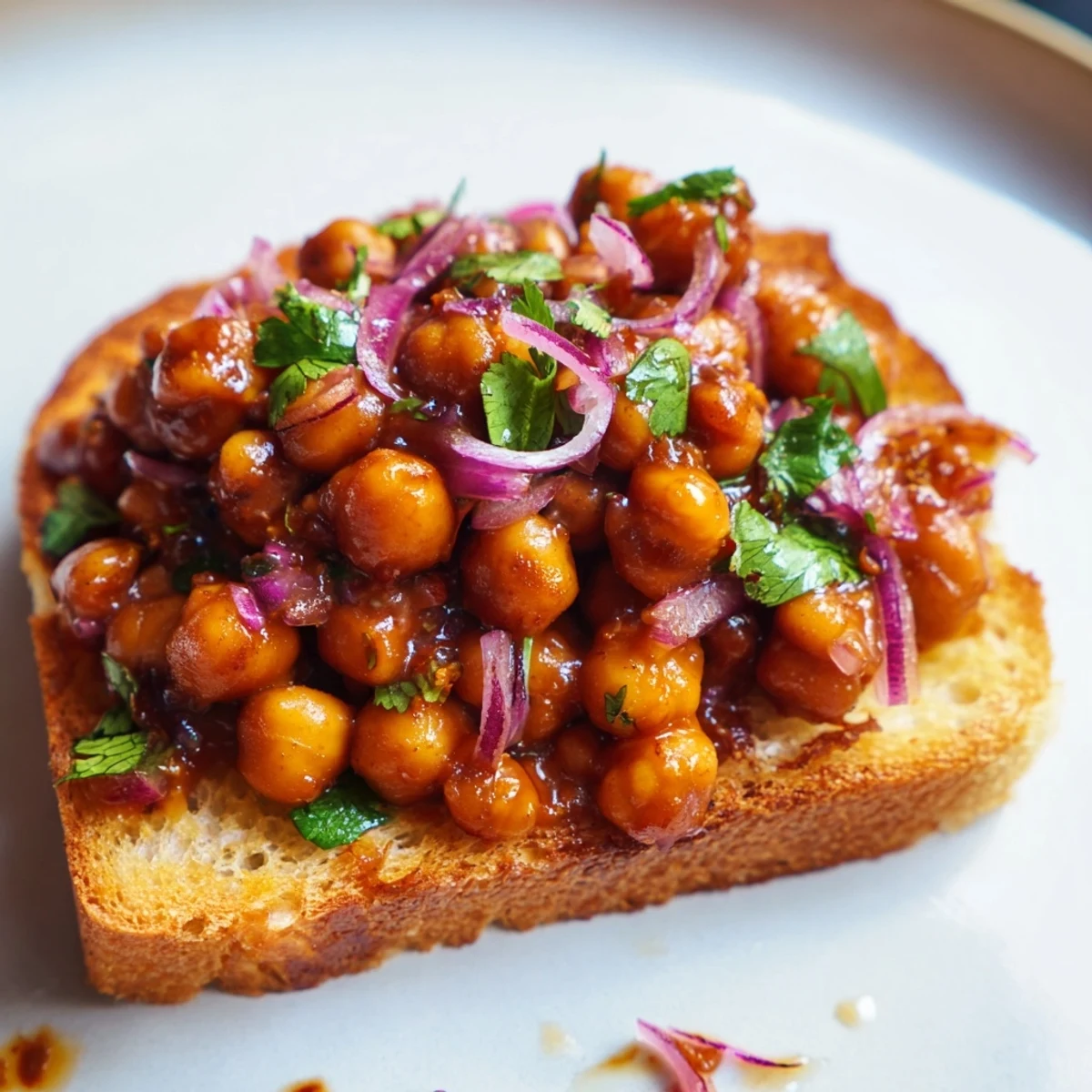 A close-up of BBQ chickpeas on toast, piled high with fresh cilantro, ready to eat.