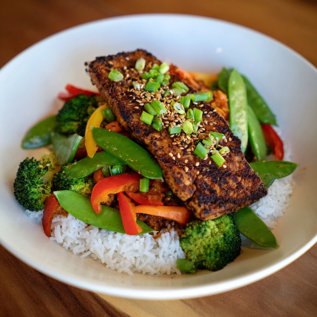 Golden, pan-seared Pressed Tofu Steaks sit atop colorful stir-fried vegetables, ready to enjoy with fluffy rice.