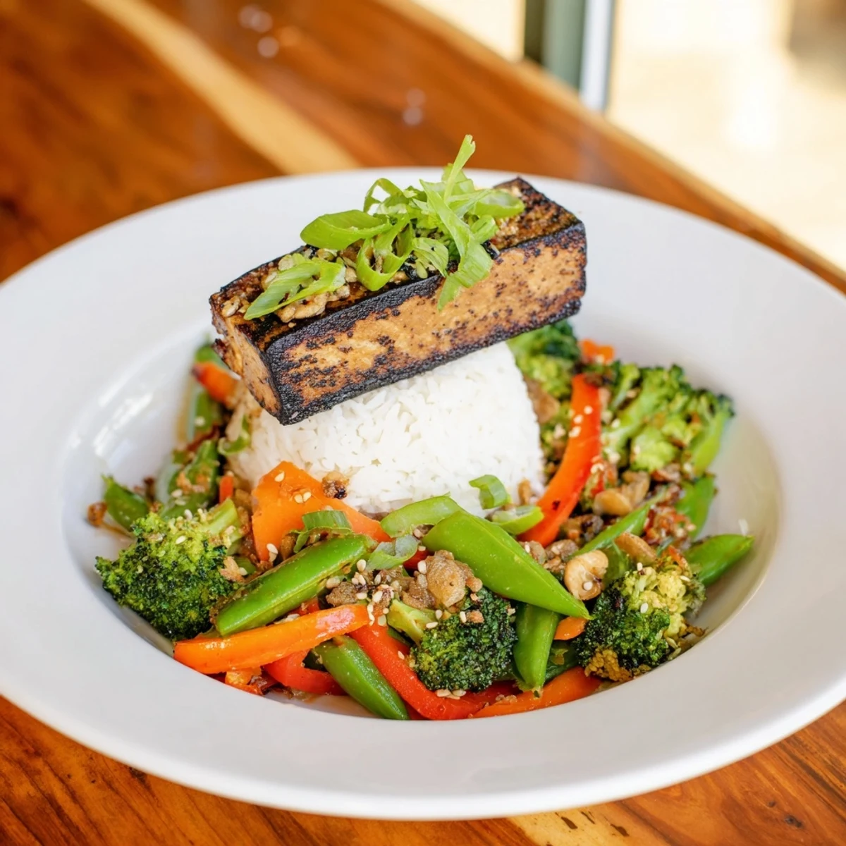 Crispy Pressed Tofu Steaks, marinated and savory, alongside bright, tender-crisp stir-fried vegetables with rice.