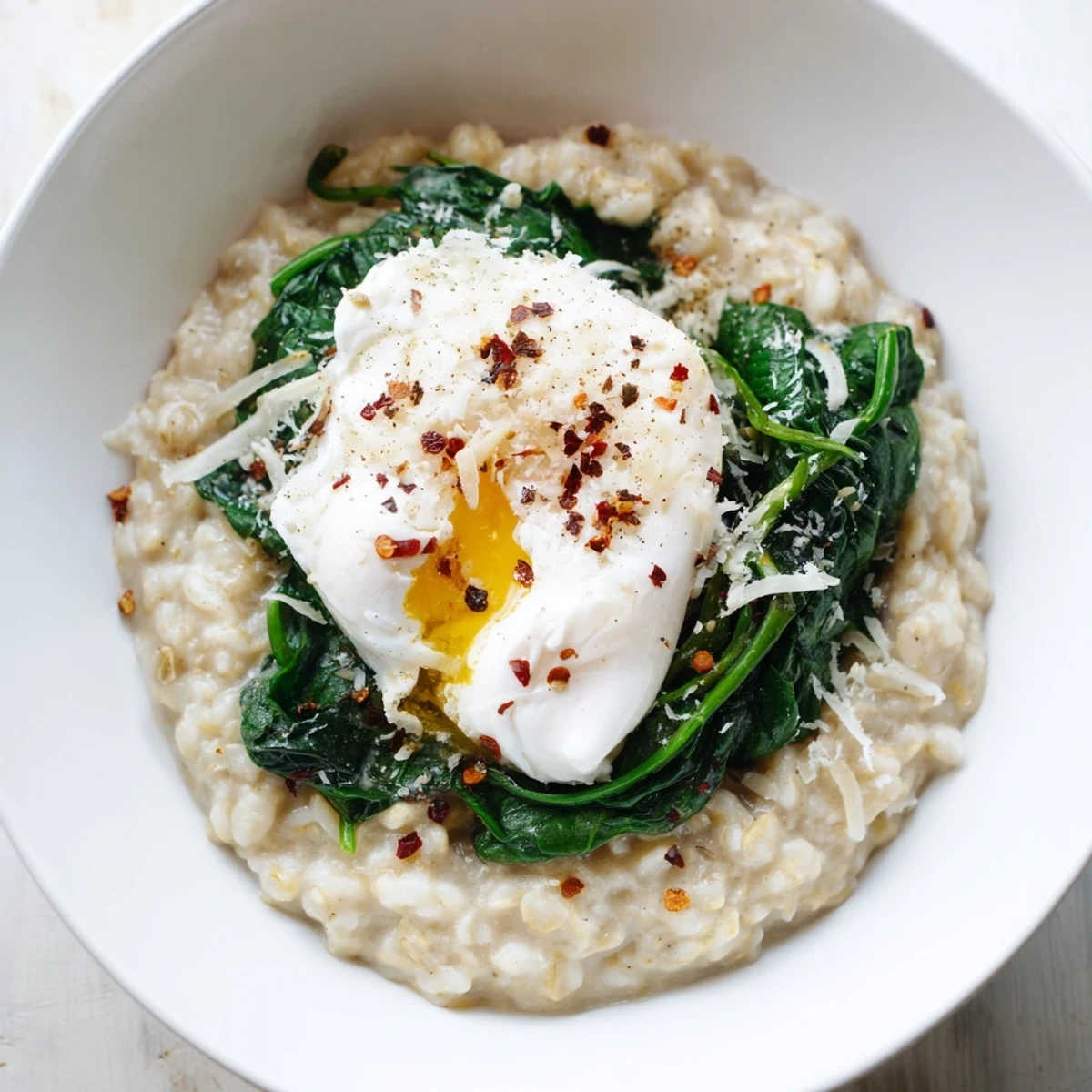 Creamy savory oatmeal with spinach and a perfectly poached egg, a delightful breakfast.
