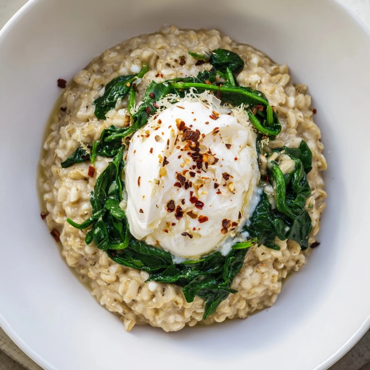 Enjoy a comforting bowl of savory oatmeal, topped with spinach, and a runny egg.
