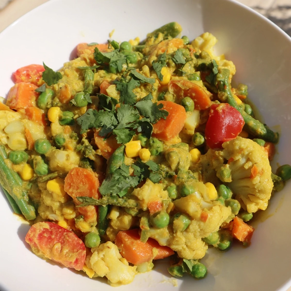 Steaming bowl of Veggie Coconut Curry, vibrant with colorful vegetables and creamy sauce, ready to serve.