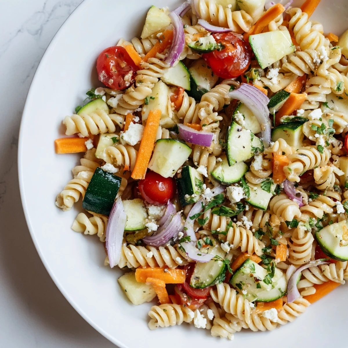 Chilled Pasta Salad with Seasonal Veggies & Simple Dressing, ready for a picnic, is incredibly refreshing.