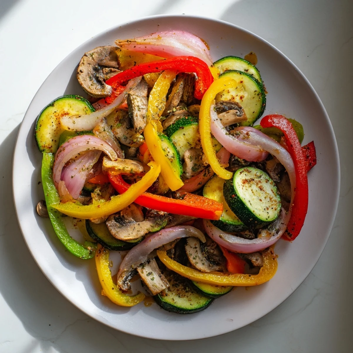 A steaming skillet of colorful Veggie Fajitas, with perfectly softened vegetables and aromatic spices.