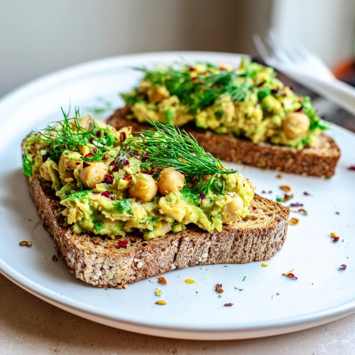 A close-up of delicious avocado toast with chickpeas and herbs, ready to be enjoyed.