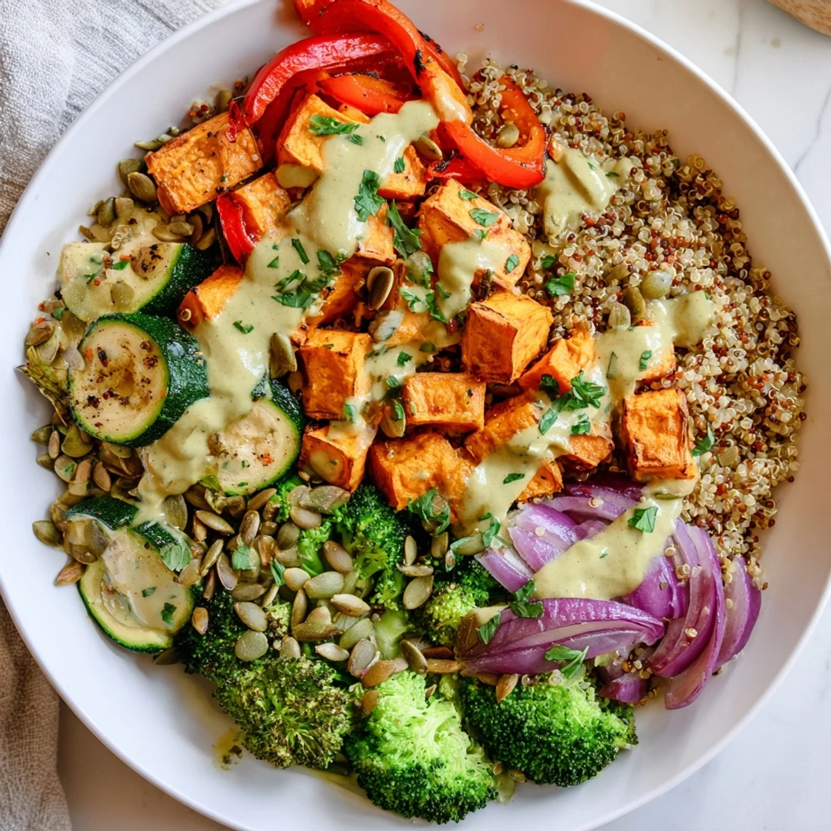 Steaming quinoa bowl with roasted seasonal veggies, drizzled with creamy lemon-tahini dressing, ready to enjoy.