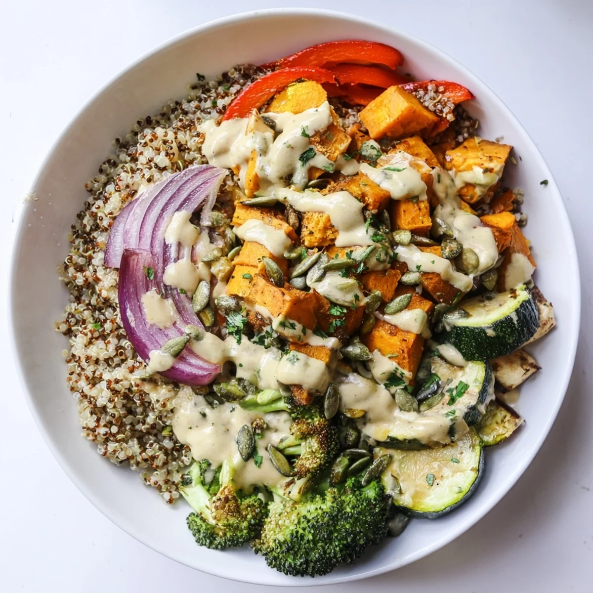 A colorful quinoa bowl with roasted seasonal veggies, perfect for a vegan lunch on a sunny day.