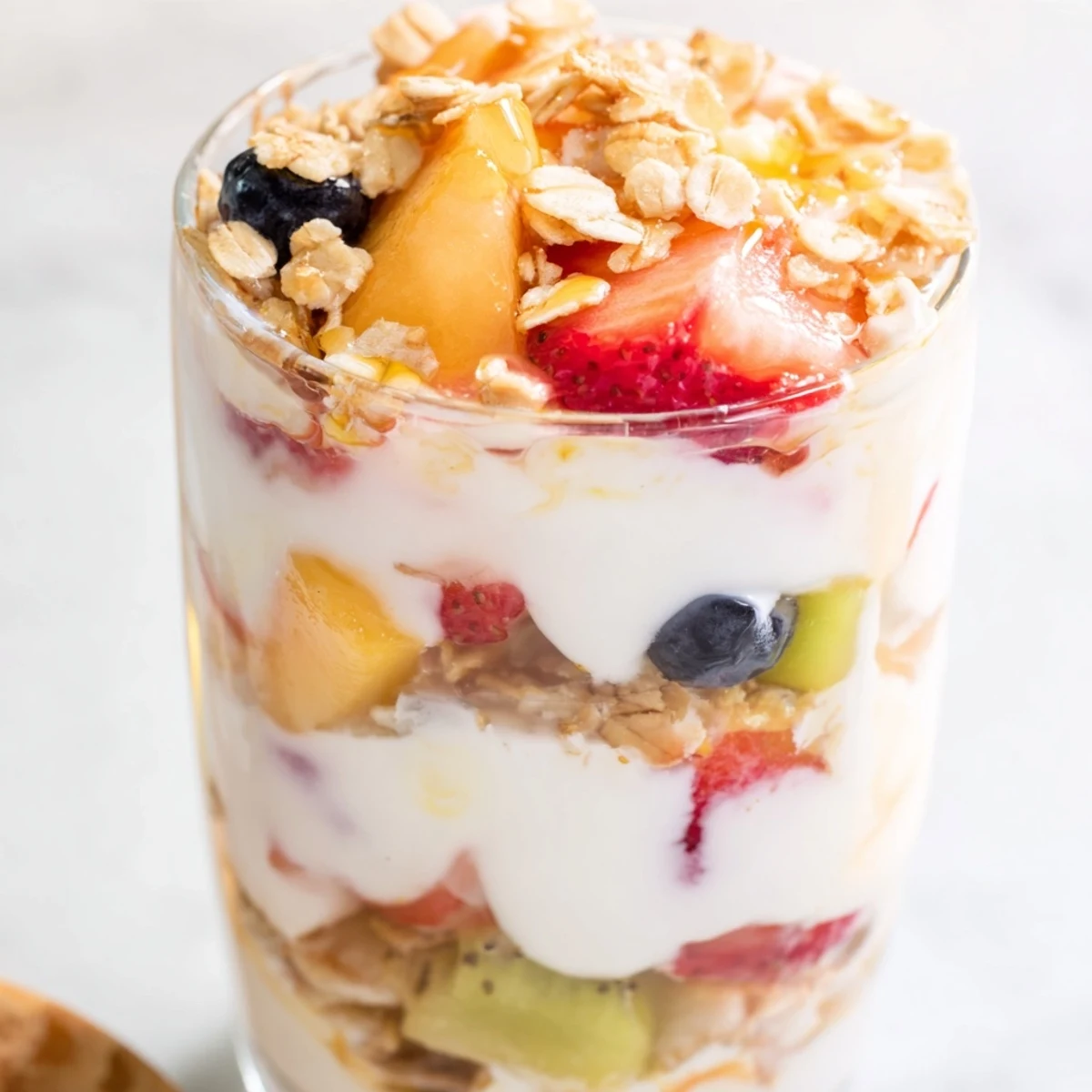Vibrant yogurt parfait with colorful fruit and crunchy granola, a quick breakfast idea.