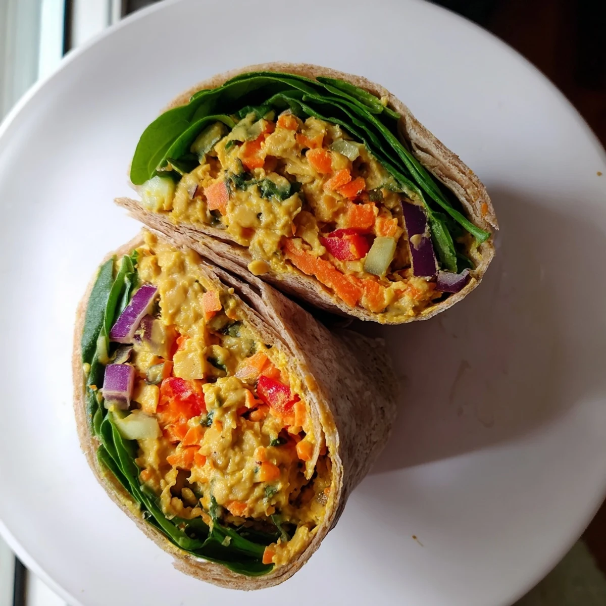 Chickpea salad wraps, bursting with colorful veggies and creamy mashed chickpeas, ready to eat.