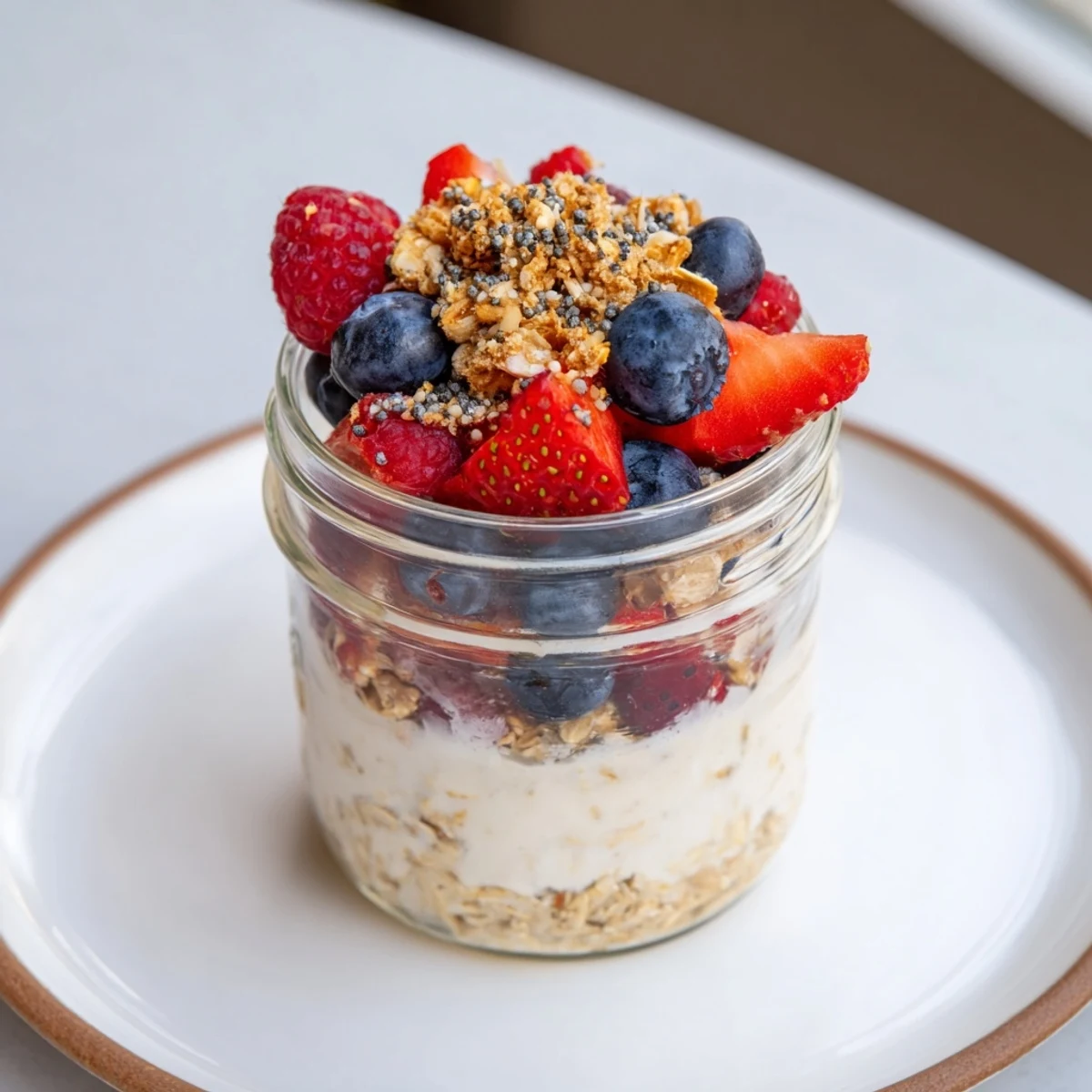 Vibrant colors of overnight oats in jars, with coconut and chocolate chips for a sweet, prepped meal.