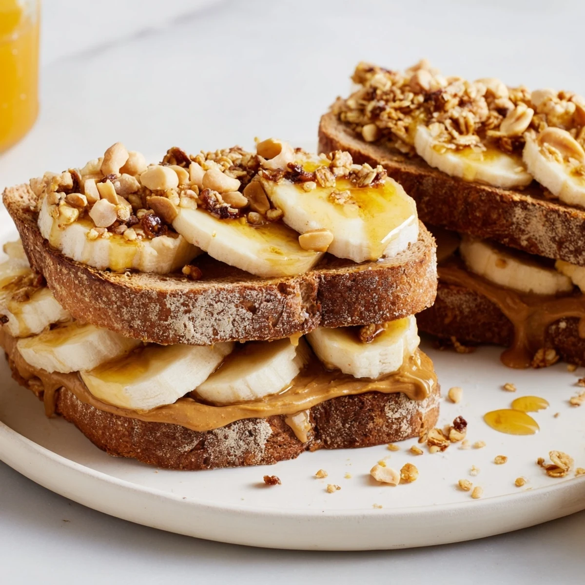 A close-up of a stacked peanut butter and banana sandwich, showcasing the fresh ingredients.