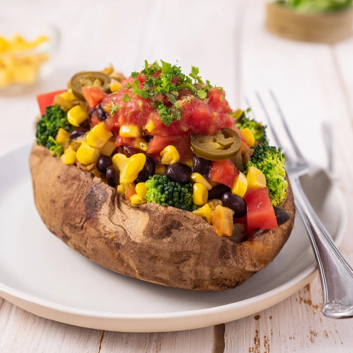 A vibrant photo shows a fully customized baked potato bar with various toppings, ready to enjoy.