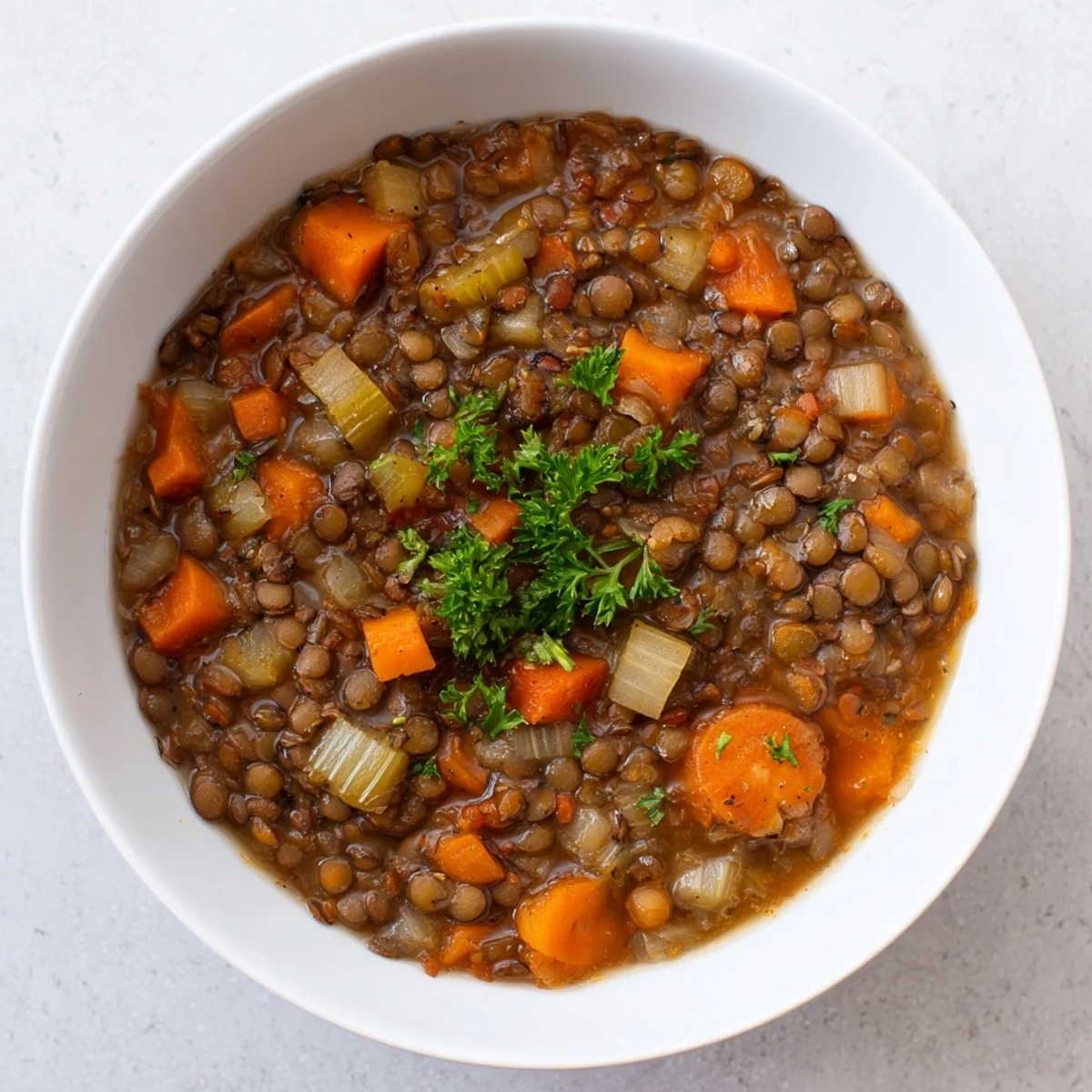A close-up of hearty Lentil Soup, overflowing with carrots, celery, and savory spices.