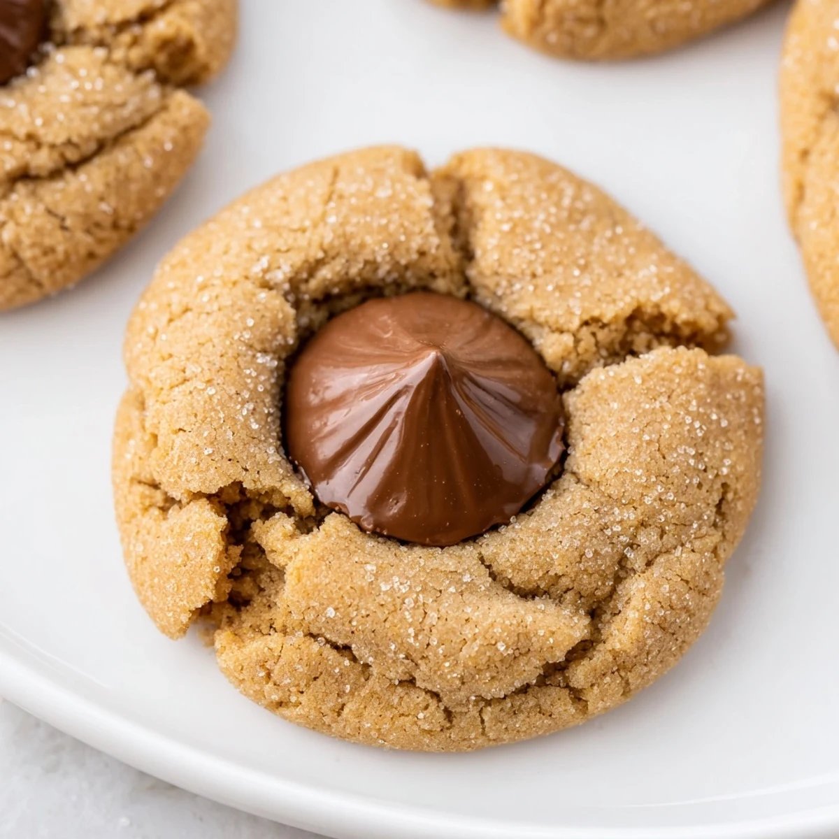 Warm, freshly baked 3-Ingredient Peanut Butter Blossoms, perfectly crowned with melted chocolate kisses.