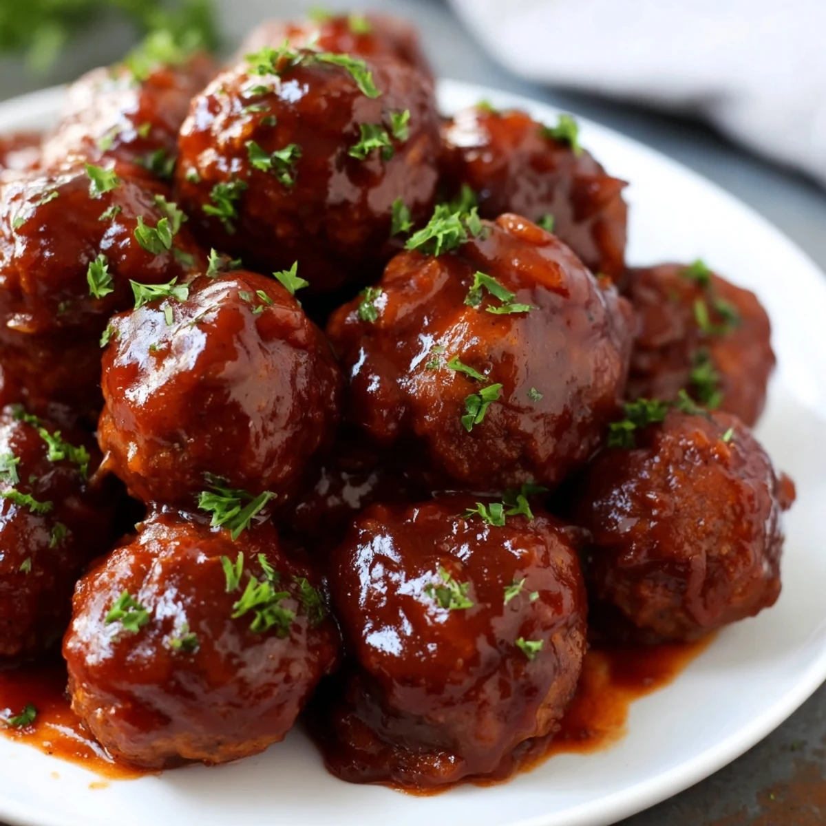 Slow cooker cherry BBQ meatballs simmering, coated in thick sauce, perfect for a party appetizer.