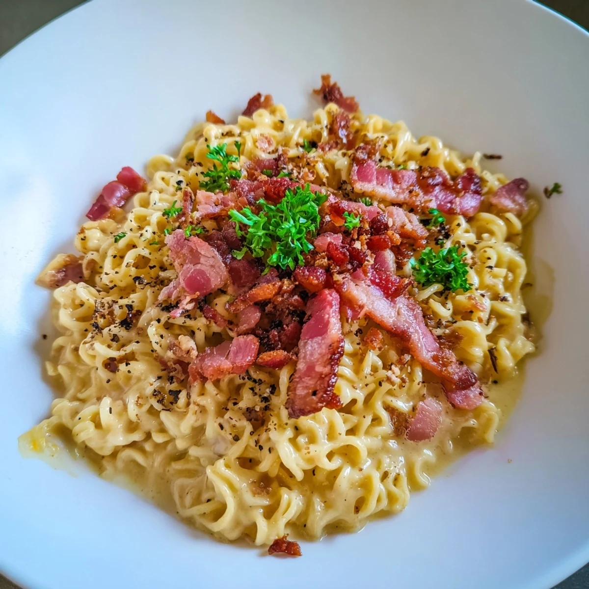Golden Instant Pot Carbonara Ramen, featuring crispy bacon and creamy, rich pasta texture.