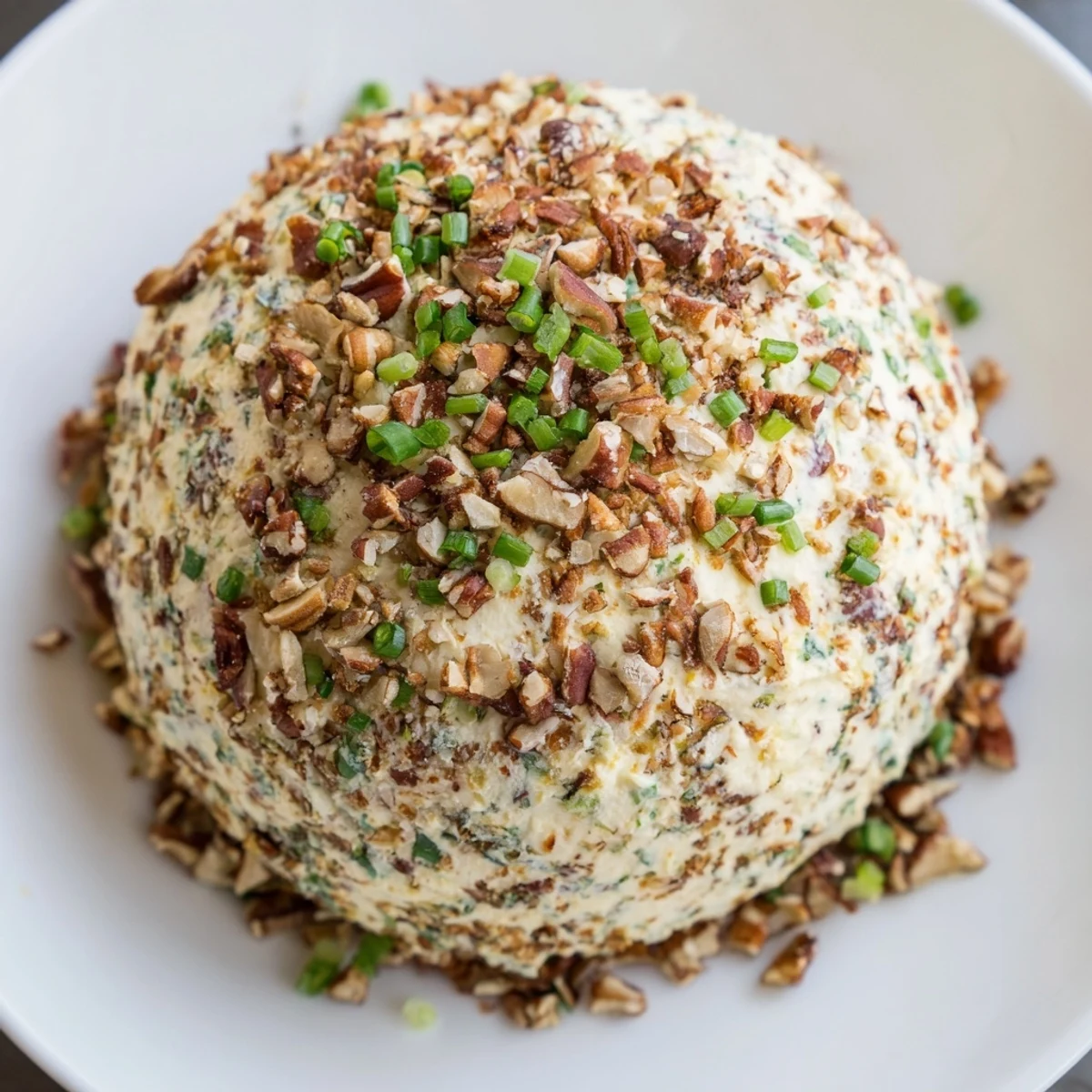 A close-up shot of the Classic Cheese Ball, coated in toasted pecans, ready to serve.