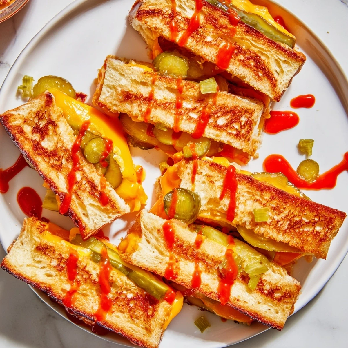 Enjoy warm Spicy Pickle Grilled Cheese Dippers cut into strips, perfect for dunking into creamy tomato soup.