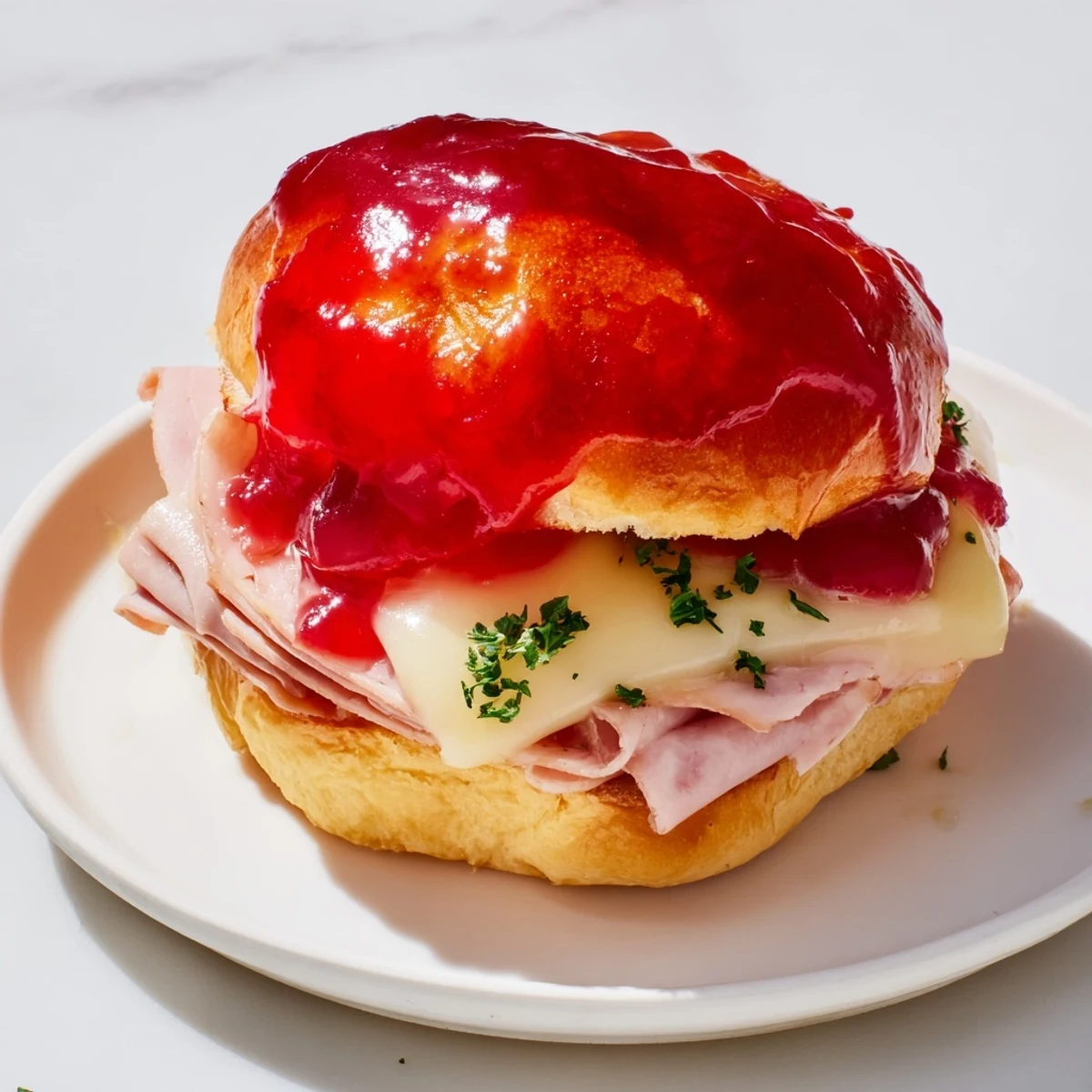 Cherry-Glazed Ham and Cheese Slider Mashup, gooey cheese and sweet glaze on golden, delicious mini sandwiches.