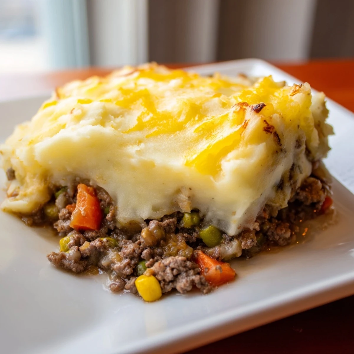The hearty, savory filling of the Budget Shepherds Pie is visible beneath melted cheesy potatoes.