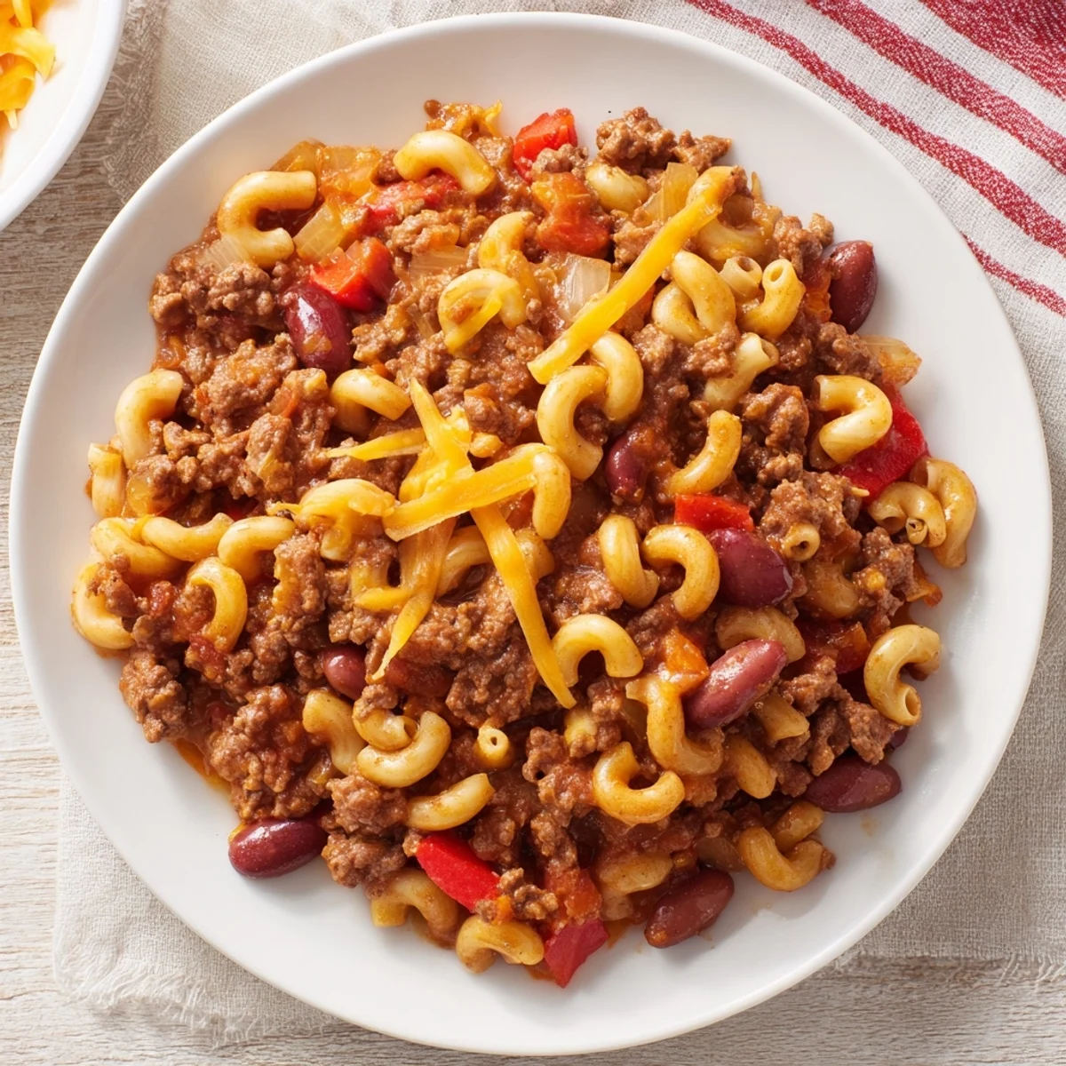 This hearty Cheeseburger Chili Mac Skillet shows a spoon pulling up a cheesy, beefy bite, ready to serve.