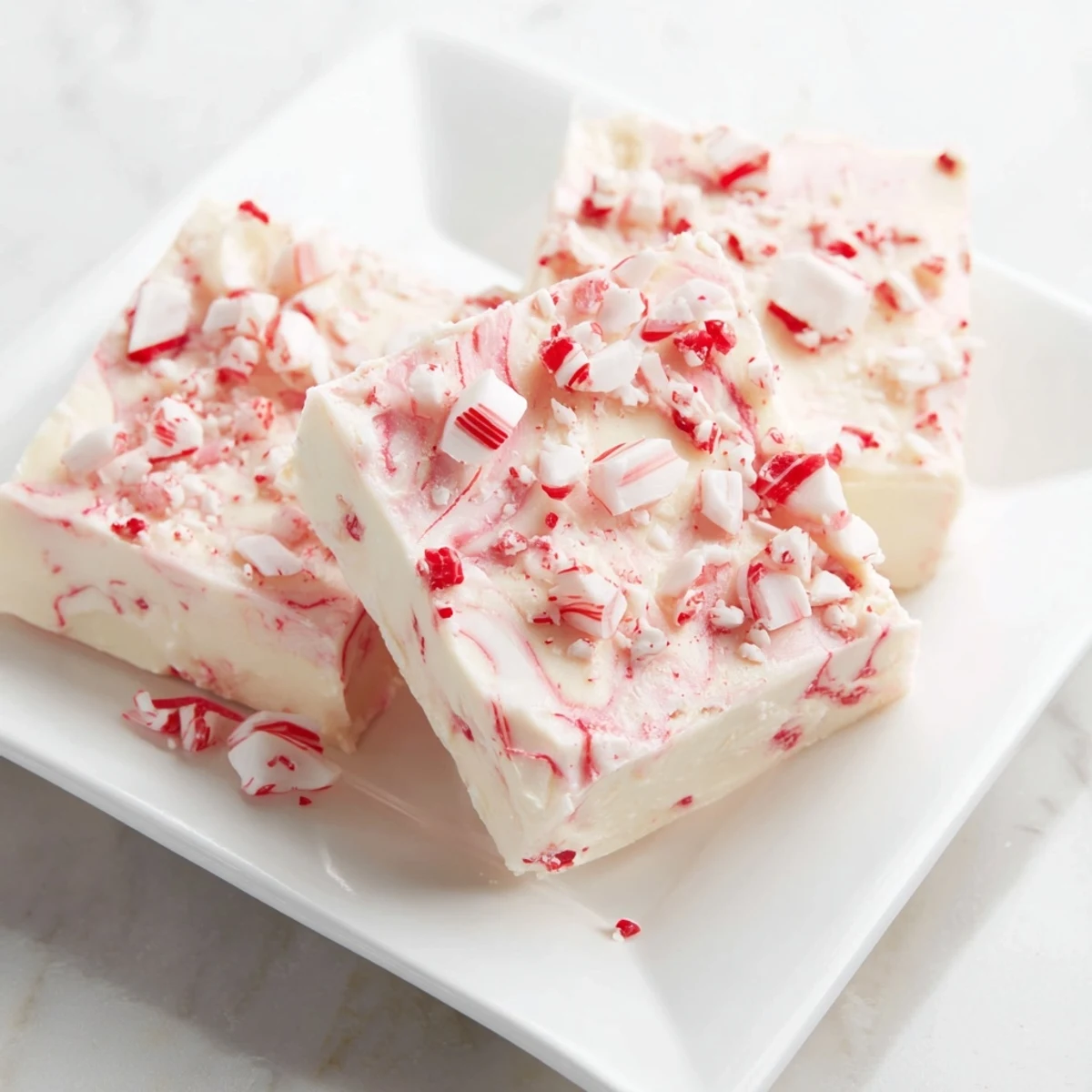 A close-up of White Chocolate Peppermint Bark Fudge glistening with crushed candy cane topping.