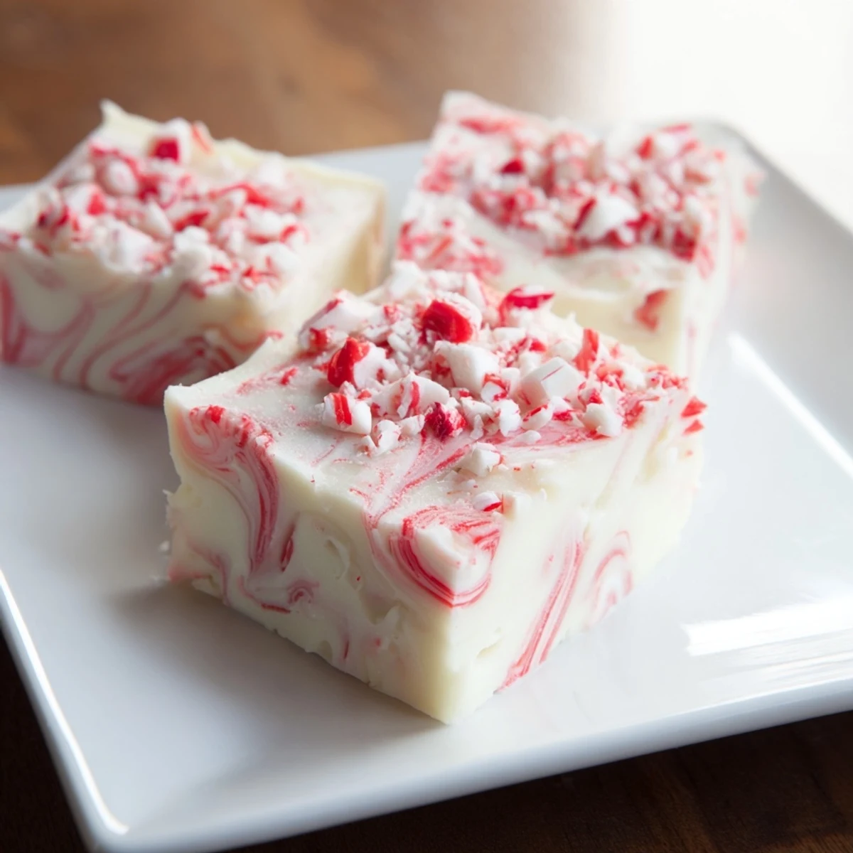 Rich, creamy layers of White Chocolate Peppermint Bark Fudge, ready for holiday treats, are irresistible.