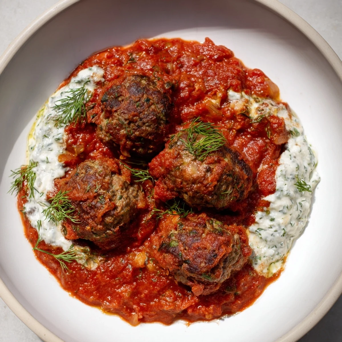 A close-up of tender Instant Pot Greek Meatballs and a dollop of feta-lemon sauce, ready to eat.