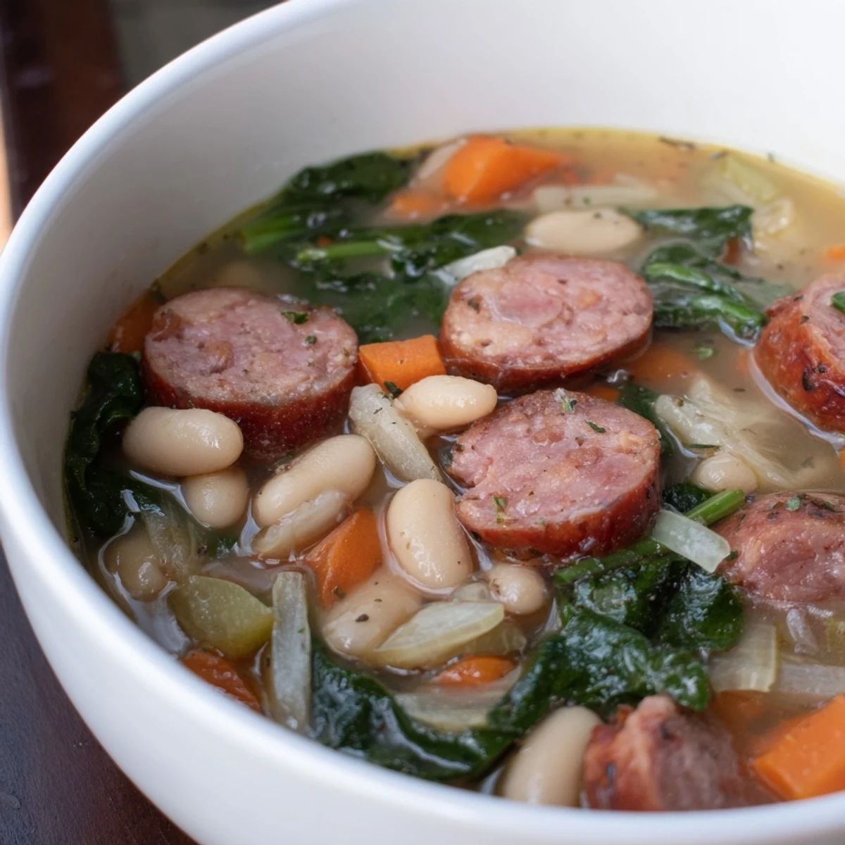 A bubbling pot of Simple Sausage and White Bean Soup, garnished with fresh spinach, perfect for a cozy dinner.