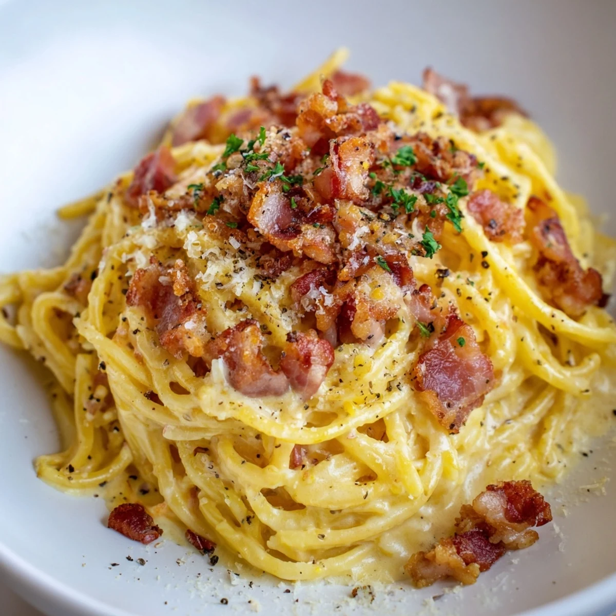 Instant Pot Carbonara Ramen Hack: A close-up of creamy ramen with crispy bacon and Parmesan cheese.