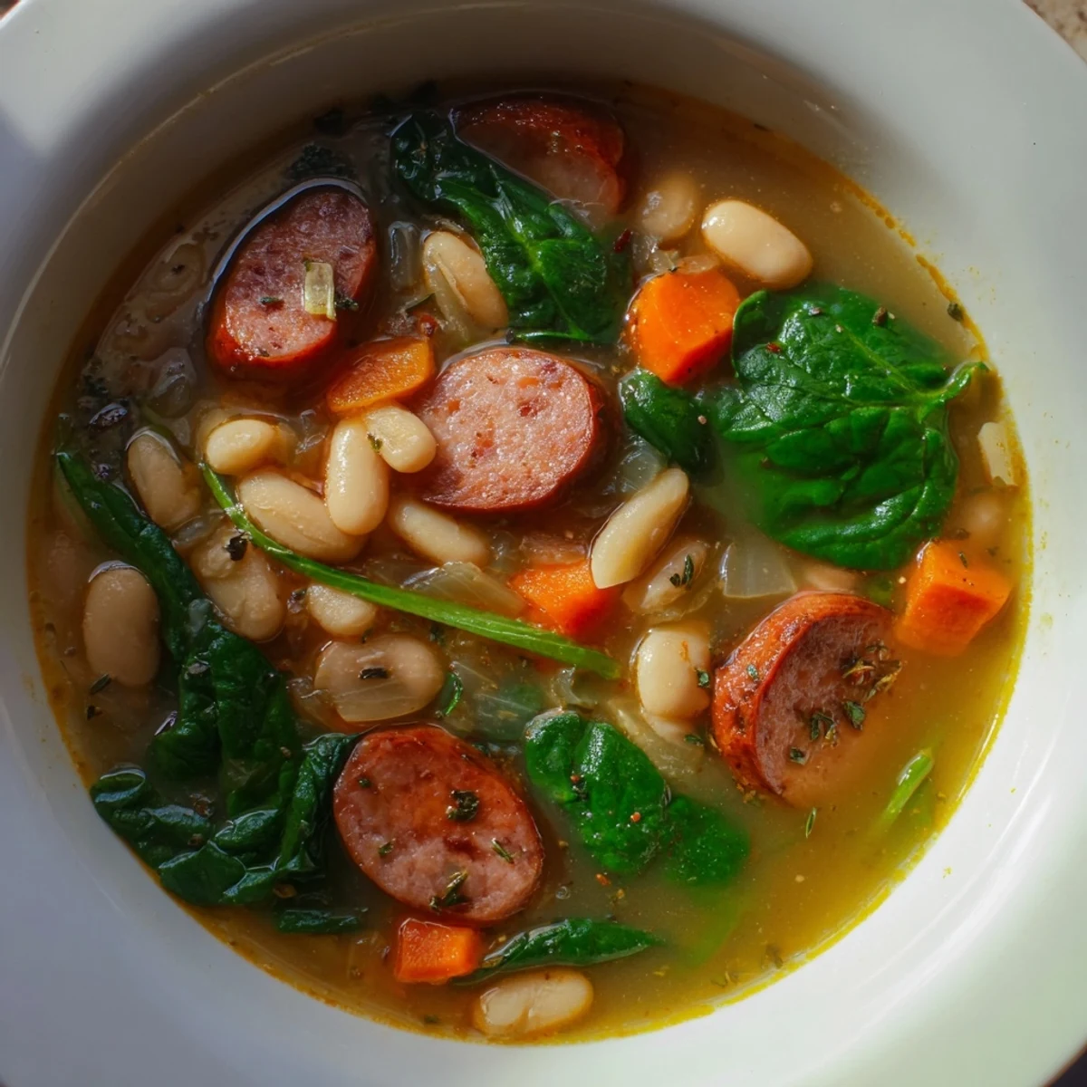 A close-up view of a bowl filled with Simple Sausage and White Bean Soup, garnished and ready to eat.