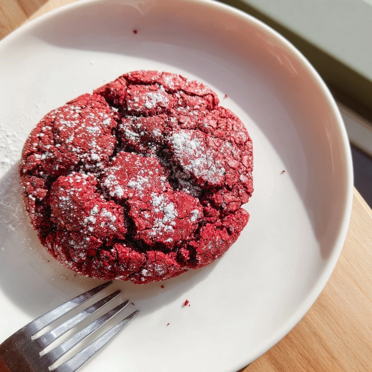 Warm, crackled Red Velvet Chocolate Crinkle Cookies still cooling on a baking sheet, a beautiful dessert.