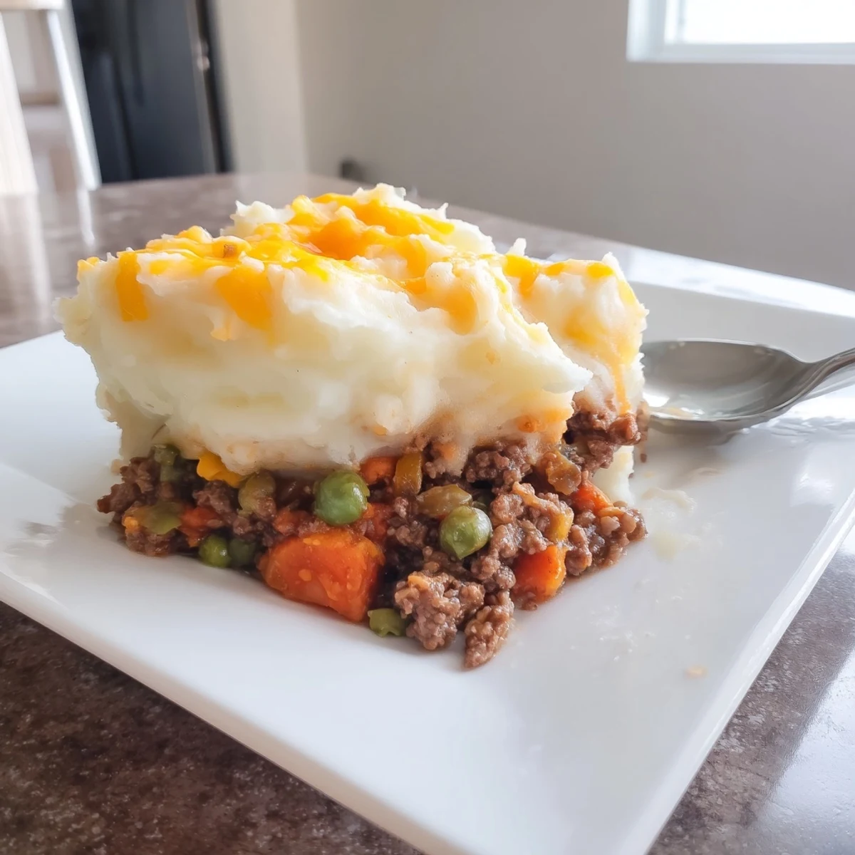 Golden brown Budget Shepherds Pie with a bubbly, savory filling and cheesy mashed topping.