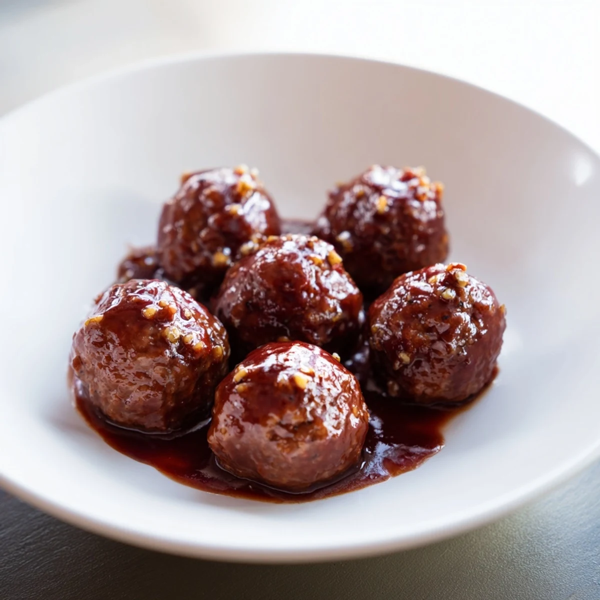Tender cherry-glazed meatballs glistening with a sticky, sweet sauce, ready for a party.