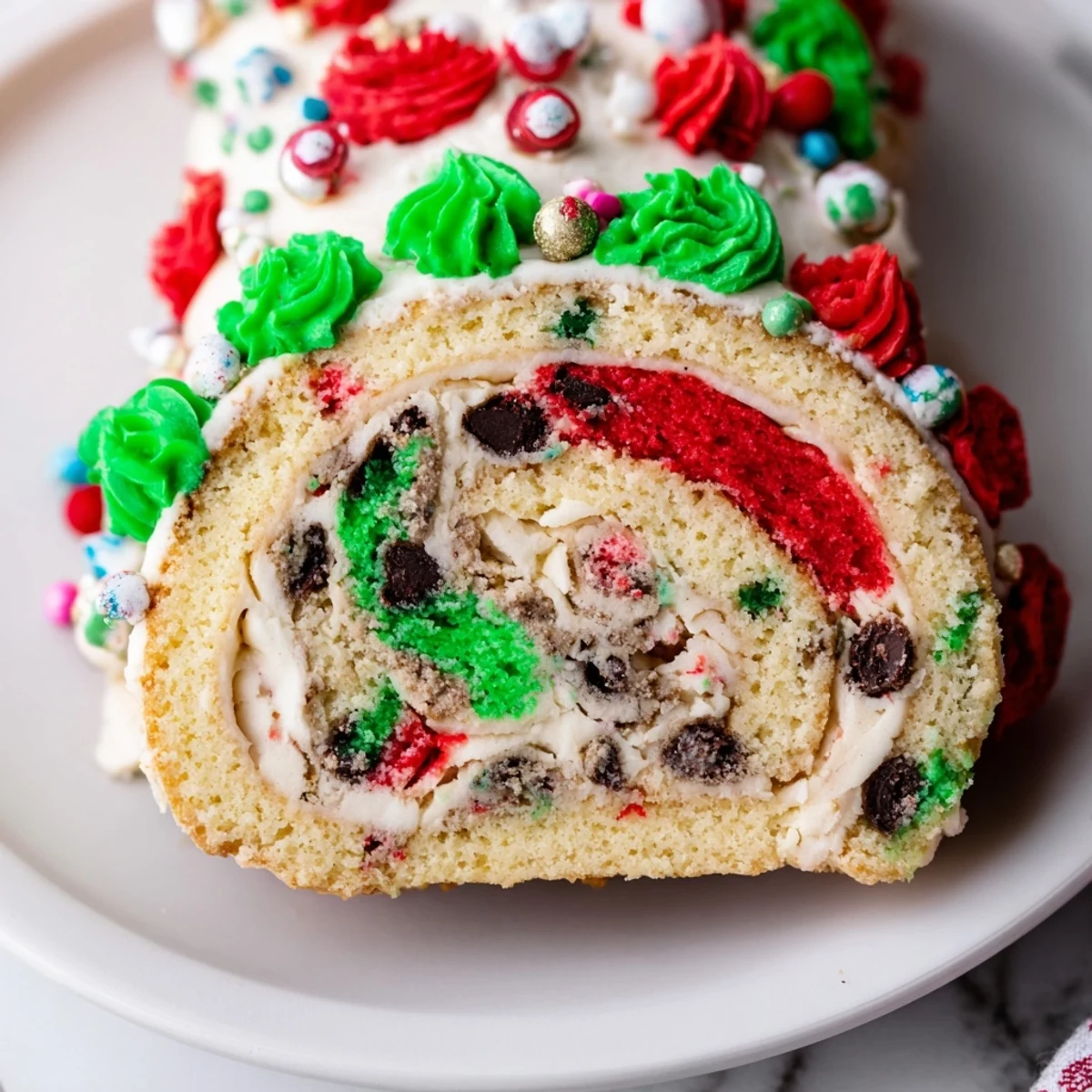 Festive Ugly Sweater Cake Roll with colorful frosting and holiday sprinkles, ready to serve.