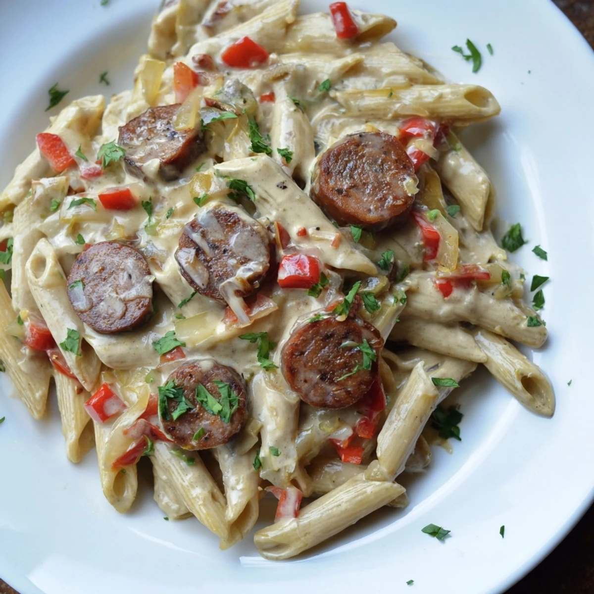Smoked Sausage Cajun Alfredo with penne, a creamy pasta dish with browned sausage and vibrant peppers.