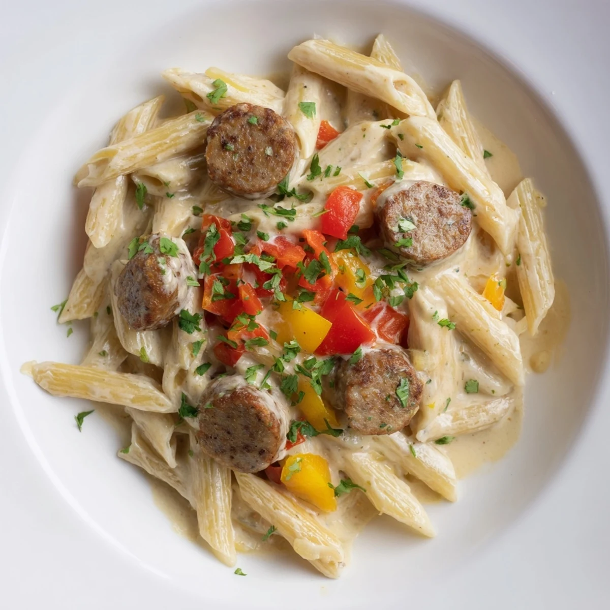 Close-up of a warm Smoked Sausage Cajun Alfredo; perfectly cooked penne and spicy sausage are visible.