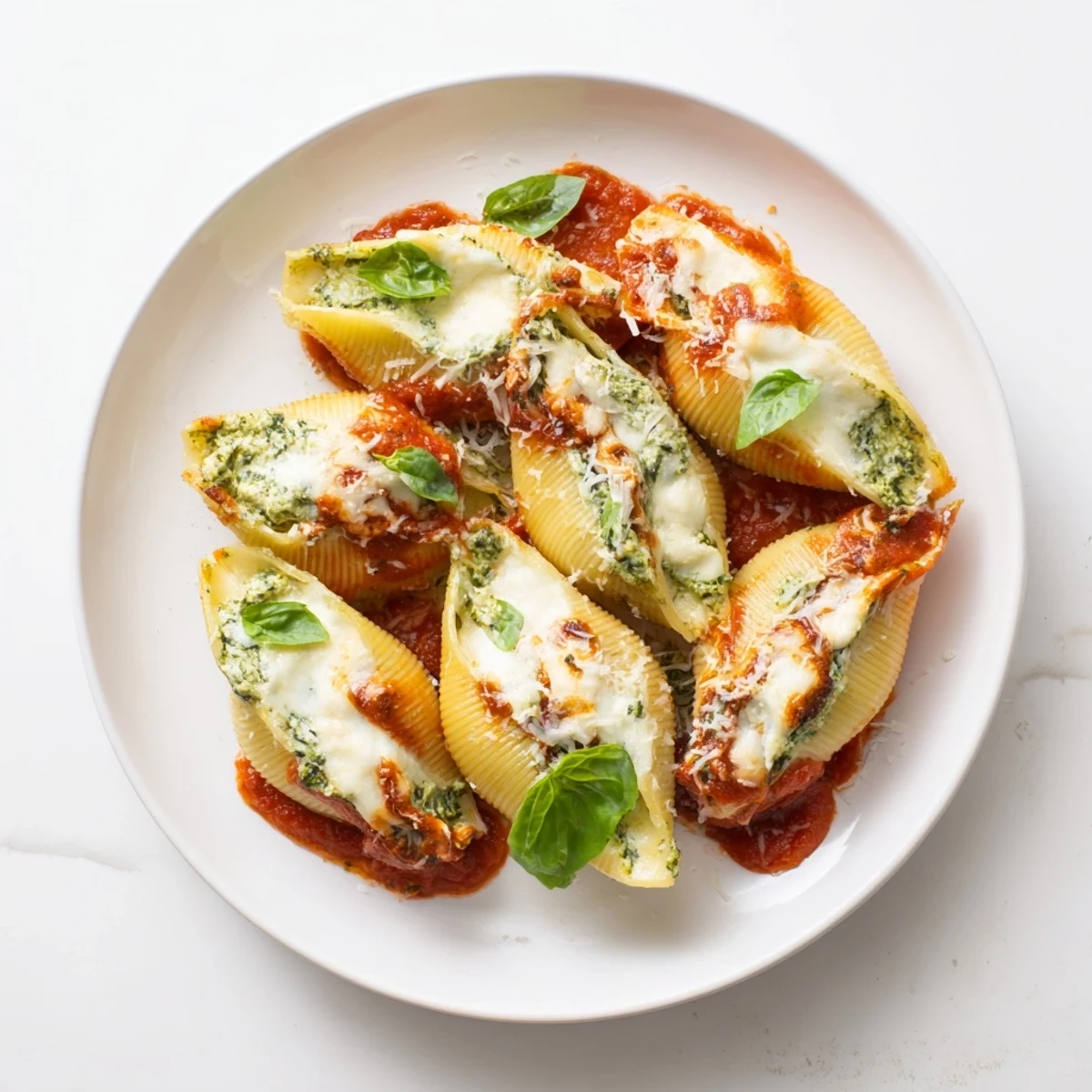 Delicious pesto and ricotta stuffed shells: a close-up of cheesy, saucy baked pasta dish.