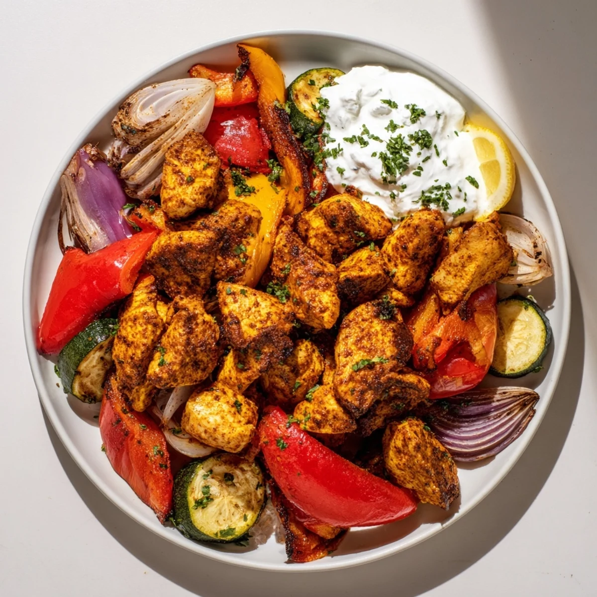 Sheet Pan Chicken Shawarma, golden chicken and roasted vegetables served with warm pita bread.