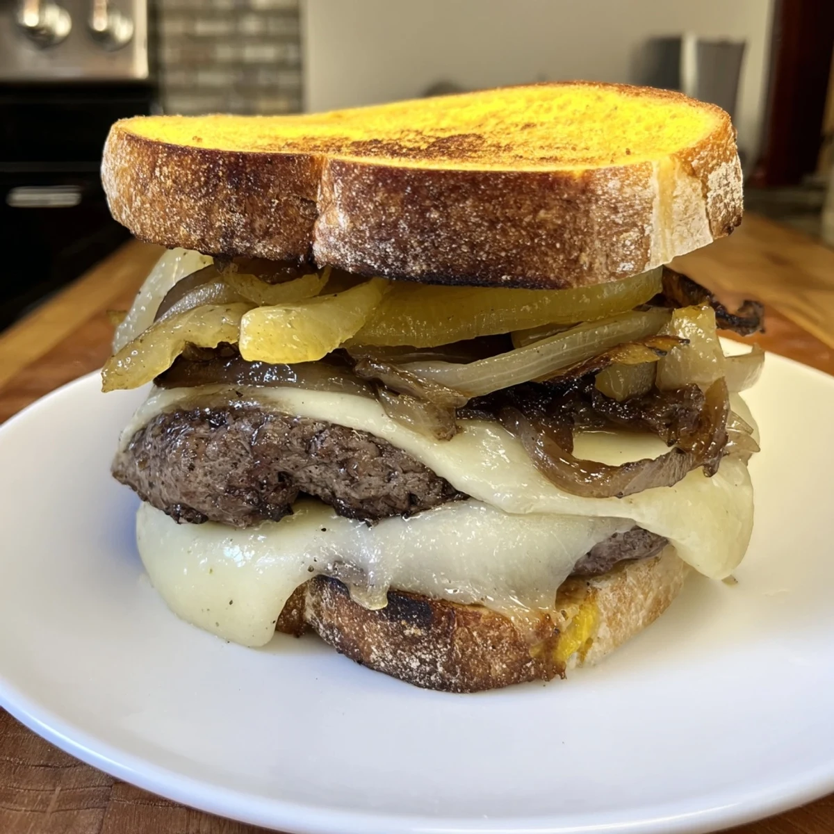 This warm patty melt skillet features caramelized onions, beef, and cheese, ready to be enjoyed!