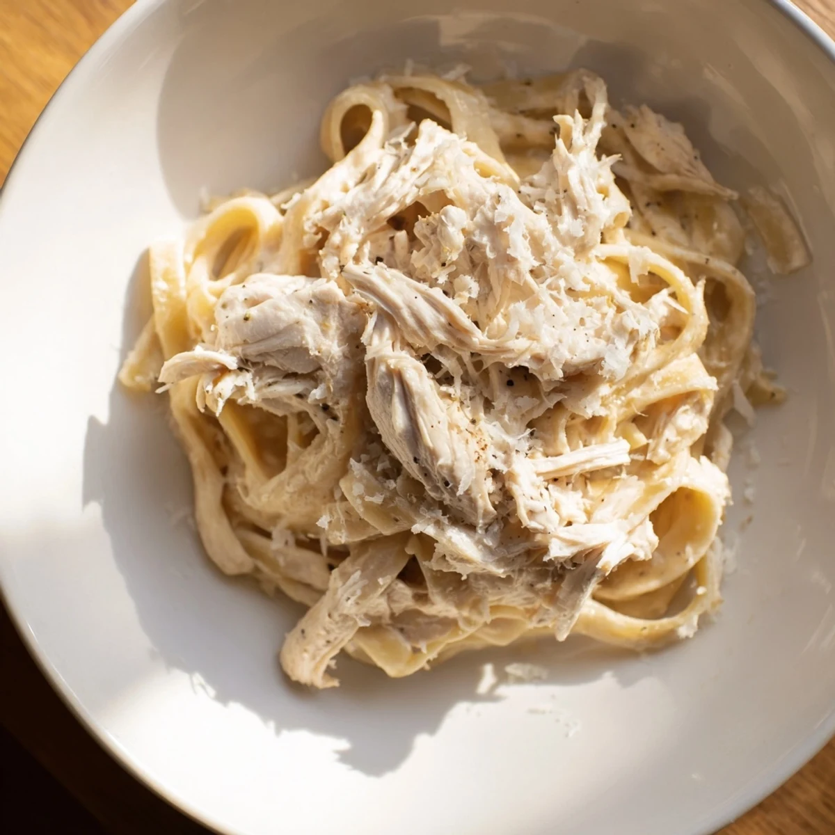 Tender Creamy Chicken Alfredo, a slow-cooker masterpiece, served steaming over fettuccine pasta.