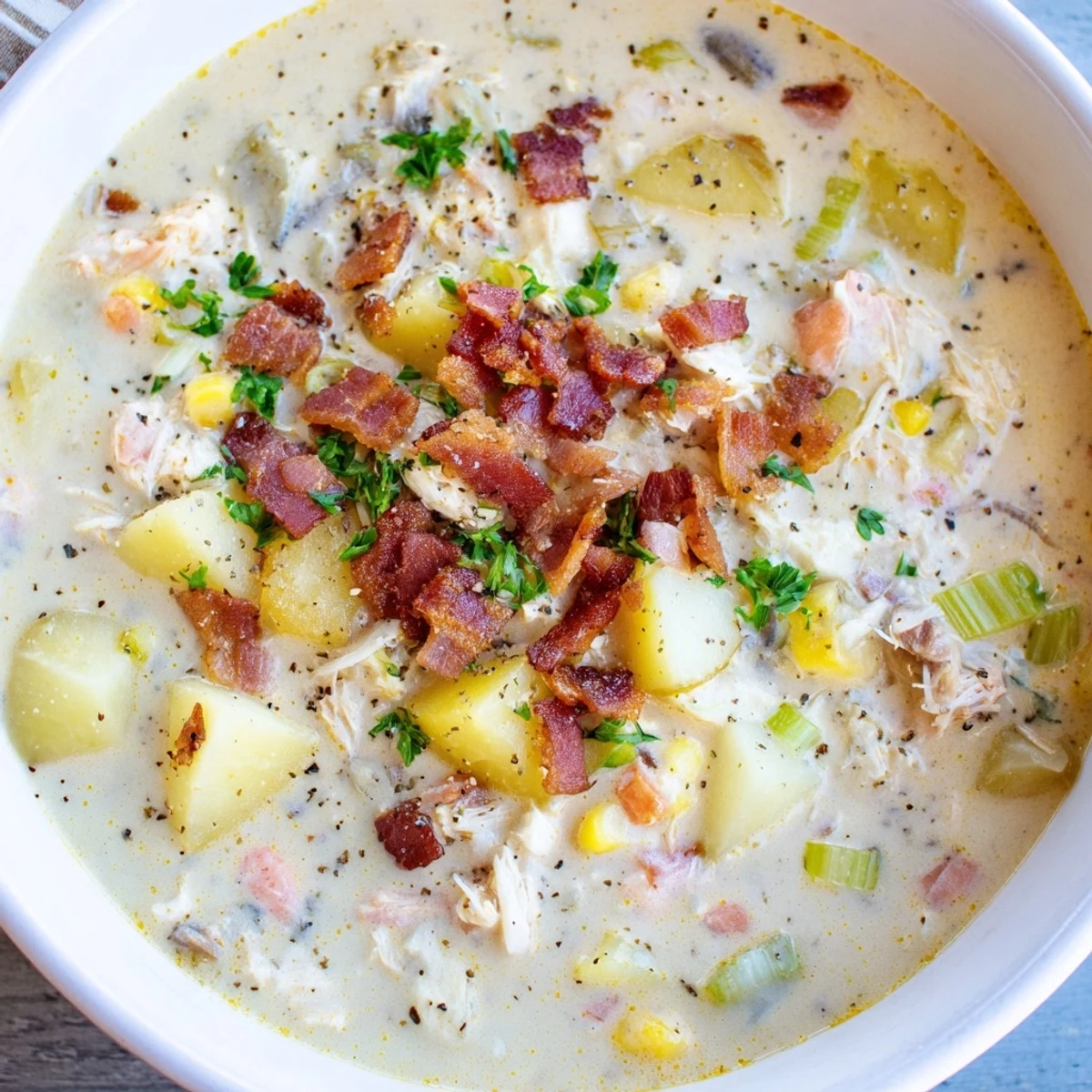 Thick and flavorful New England Clam Chowder, garnished with bacon and fresh parsley, ready to serve.