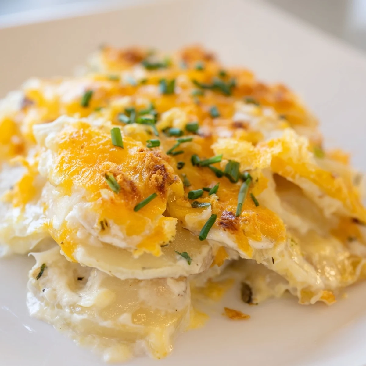 Golden brown Cheesy Scalloped Potatoes, bubbling hot, a classic Southern comfort food side dish.