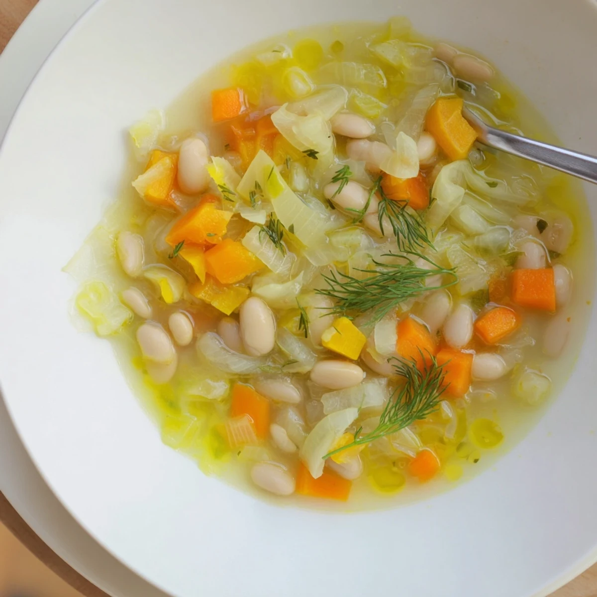 Creamy Simple White Bean and Fennel Soup, close-up showing texture and vibrant colors of the vegetables.