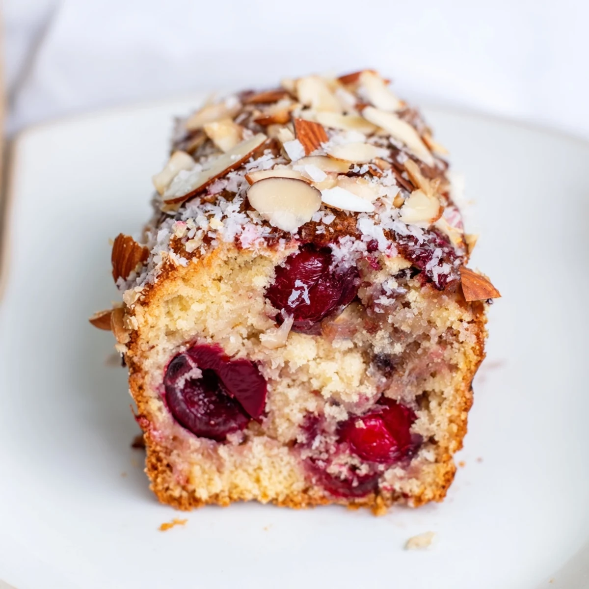 A beautifully browned Cherry Almond Loaf Cake, sliced and ready to serve with coffee for brunch.