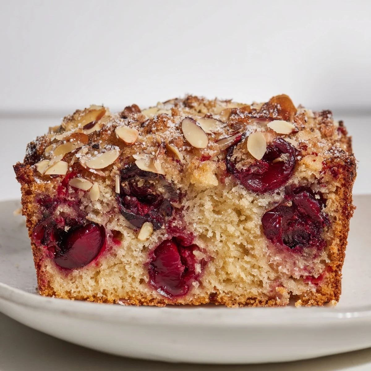Warm, moist slices of Cherry Almond Loaf Cake show off the juicy cherries and nutty almonds inside.